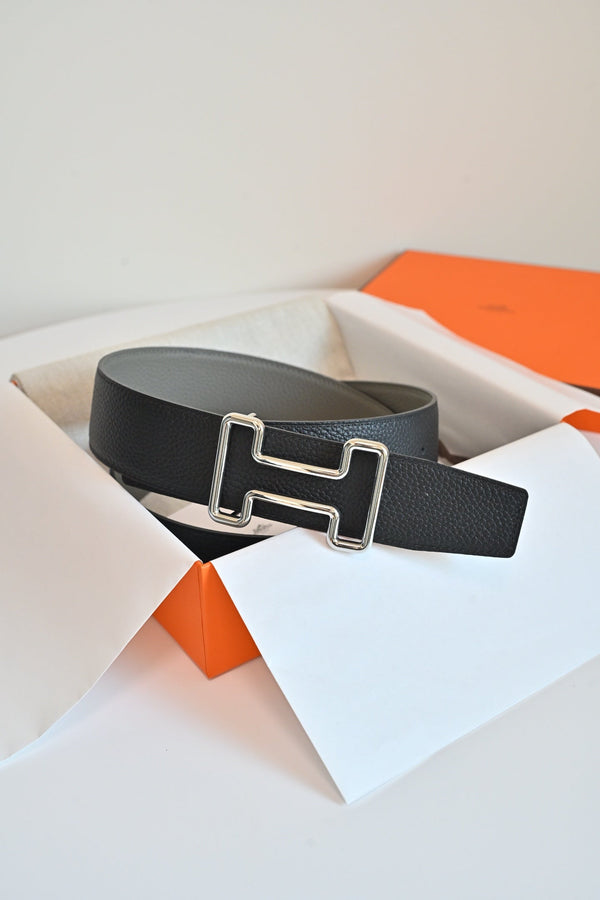 HM 26FW Reversible H Belt 3.8cm Black Rain Cloud Gray Grained Leather 220417