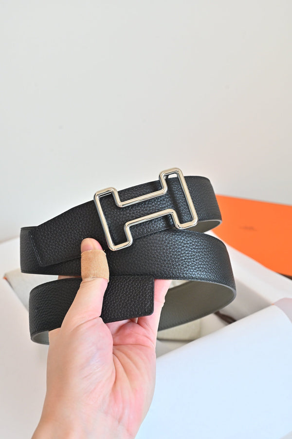 HM 26FW Reversible H Belt 3.8cm Black Rain Cloud Gray Grained Leather 220417