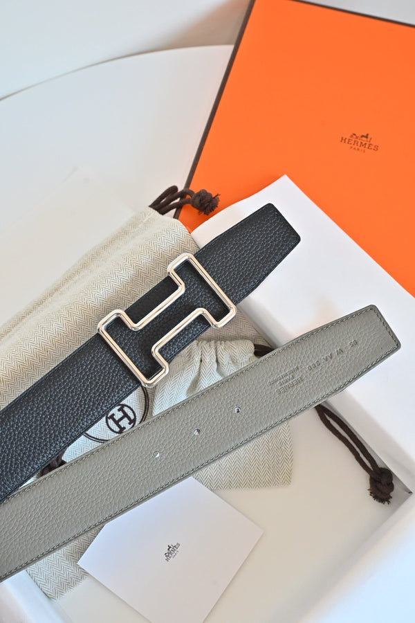 HM 26FW Reversible H Belt 3.8cm Black Rain Cloud Gray Grained Leather 220417