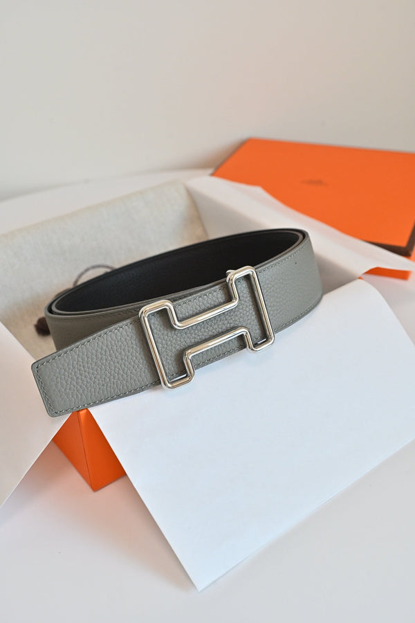 HM 26FW Reversible H Belt 3.8cm Black Rain Cloud Gray Grained Leather 220417