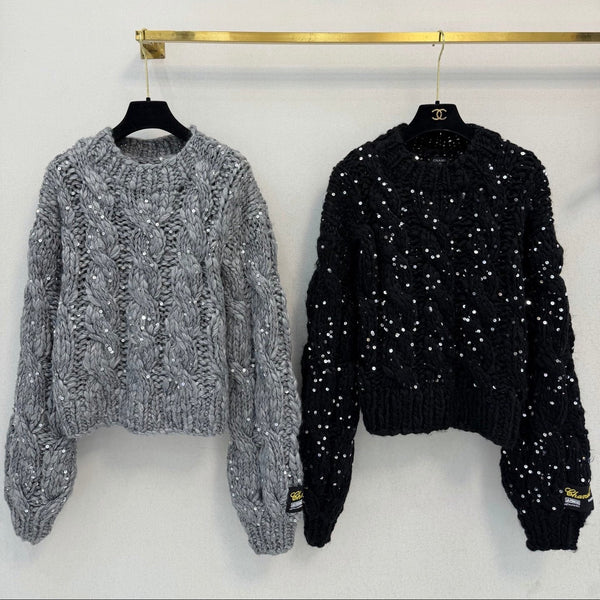 CC Cable-Knit Sweater Sequin Embellishments Oversized Fit Cashmere 451729