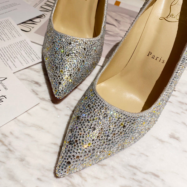 CL Kate Strass Degrade Pumps 100mm Suede Silver