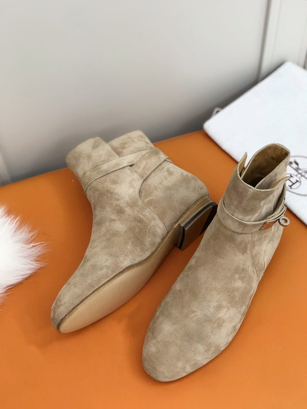 HM 26S Kelly Buckle Neo Ankle Boots 2cm Khaki Suede 112861