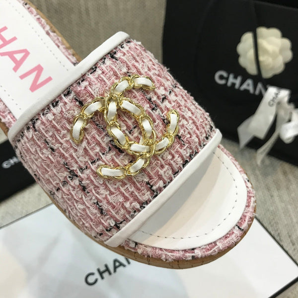 CC 26s Wooden Slippers White Pink Tweed Lambskin 916905