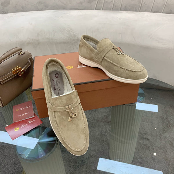 LP 26s Open Walk Loafers 2cm Khaki Suede Shearling GHW 110790