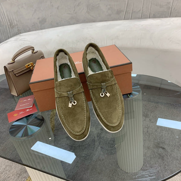 LP 26s Open Walk Loafers 2cm Olive Green Suede Shearling SHW 110783