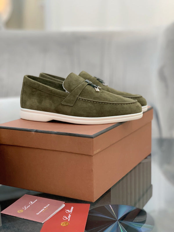 LP 26s Open Walk Loafers 2cm Olive Green Suede Shearling SHW 110783