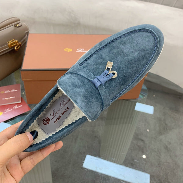 LP 26s Open Walk Loafers 2cm Denim Blue Suede Shearling SHW 110788