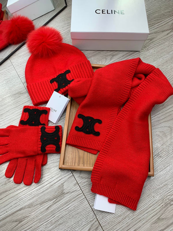 CE Hat Scarf Gloves Set Red Knit Fur 475093