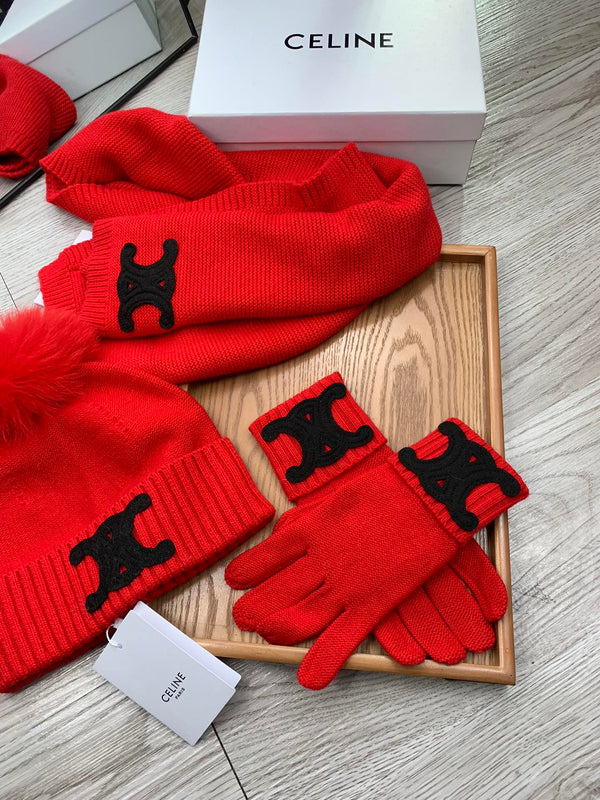 CE Hat Scarf Gloves Set Red Knit Fur 475093