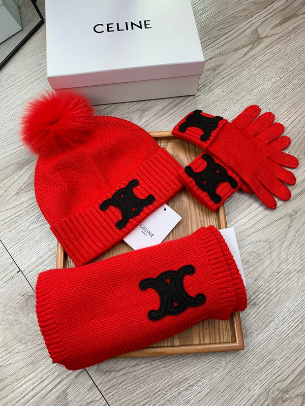 CE Hat Scarf Gloves Set Red Knit Fur 475093