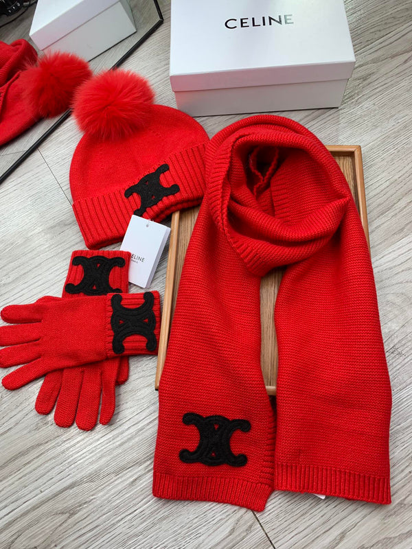 CE Hat Scarf Gloves Set Red Knit Fur 475093
