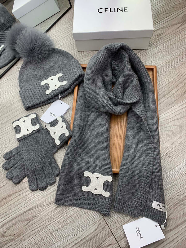 CE Hat Scarf Gloves Set Gray Knit Fur 475092