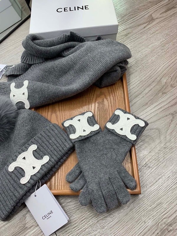 CE Hat Scarf Gloves Set Gray Knit Fur 475092