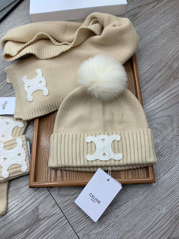 CE Hat Scarf Gloves Set Light Beige Knit Fur 475091