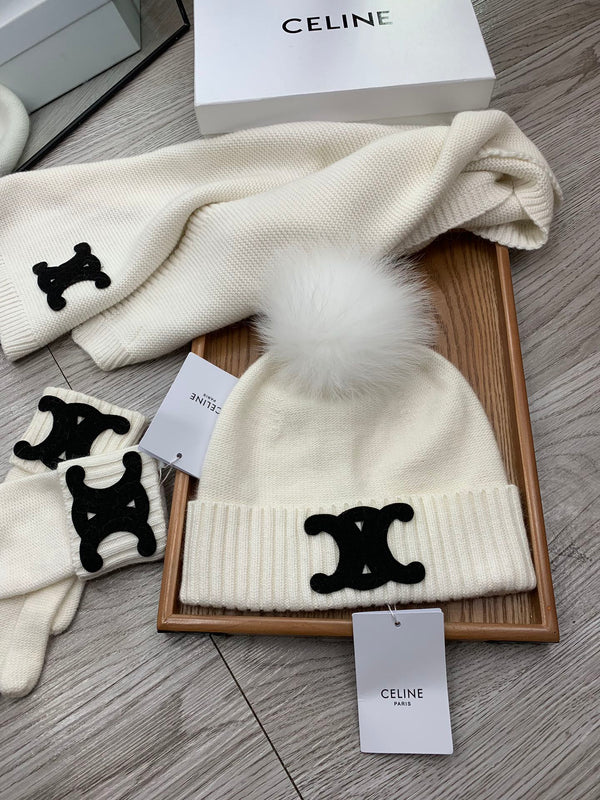 CE Hat Scarf Gloves Set White Knit Fur 475090