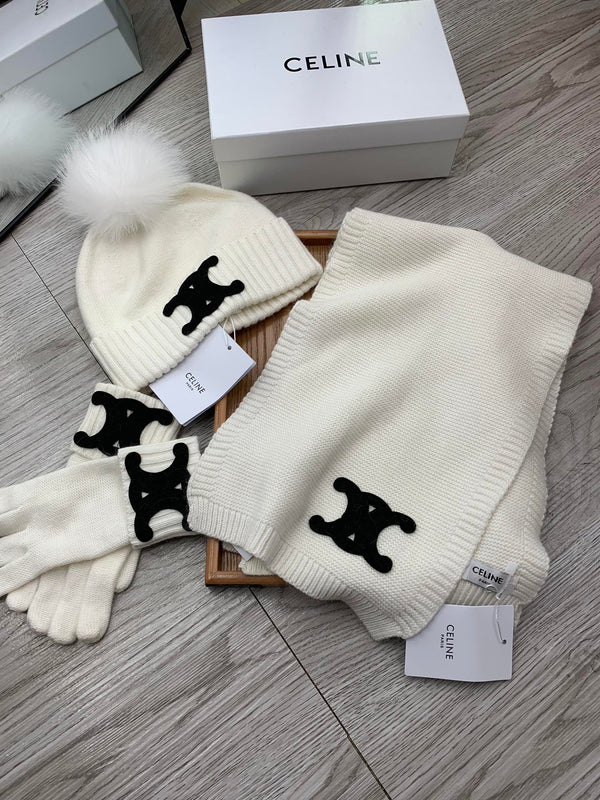 CE Hat Scarf Gloves Set White Knit Fur 475090