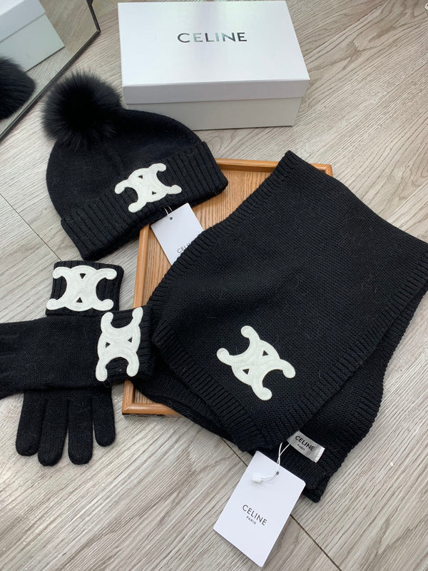 CE Hat Scarf Gloves Set Black Knit Fur 475089