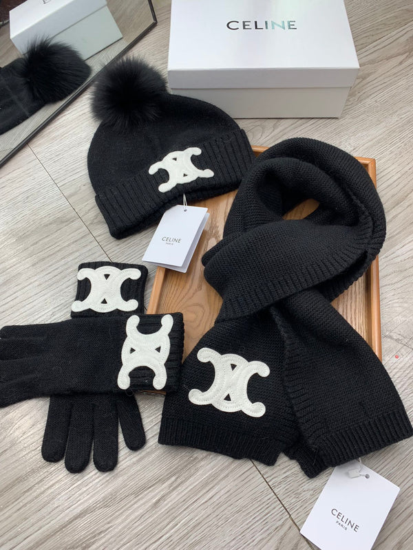 CE Hat Scarf Gloves Set Black Knit Fur 475089