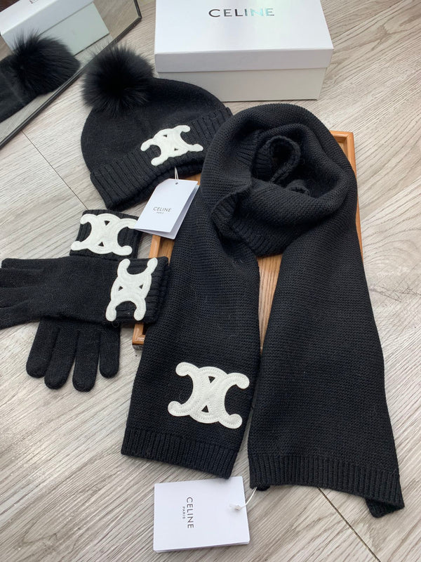 CE Hat Scarf Gloves Set Black Knit Fur 475089
