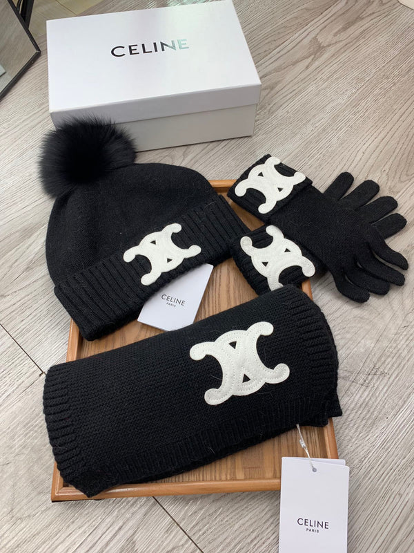 CE Hat Scarf Gloves Set Black Knit Fur 475089