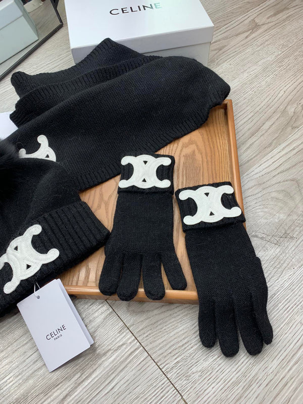 CE Hat Scarf Gloves Set Black Knit Fur 475089