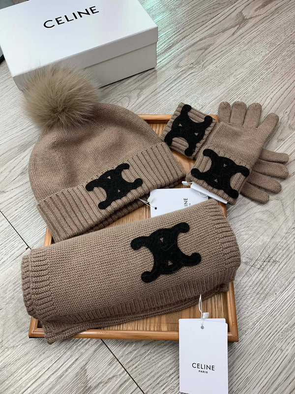 CE Hat Scarf Gloves Set Khaki Knit Fur 475088