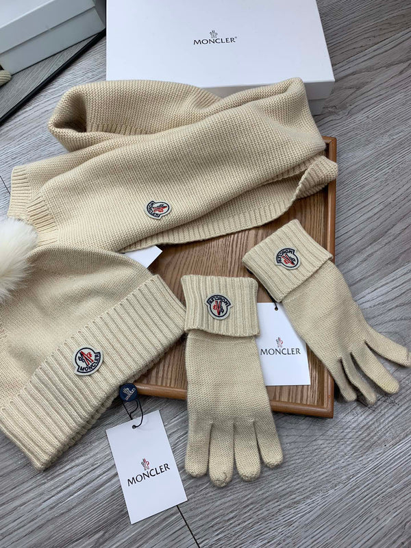 Moncler Hat Scarf Gloves Set Light Beige Knit Fur 475095