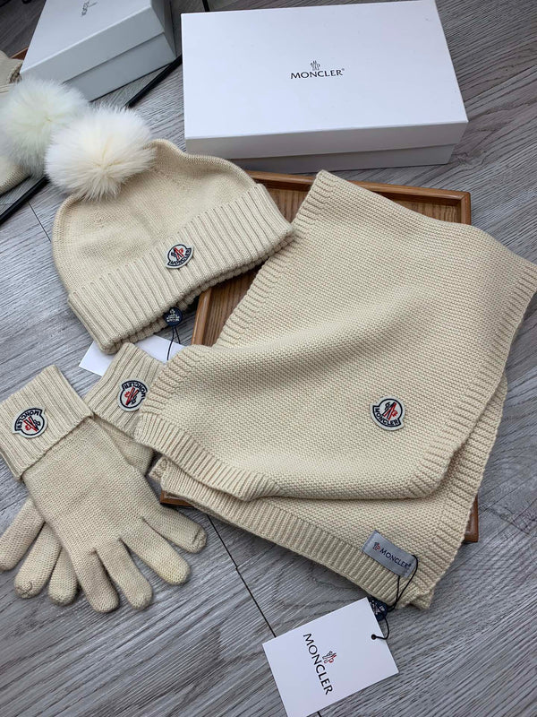 Moncler Hat Scarf Gloves Set Light Beige Knit Fur 475095