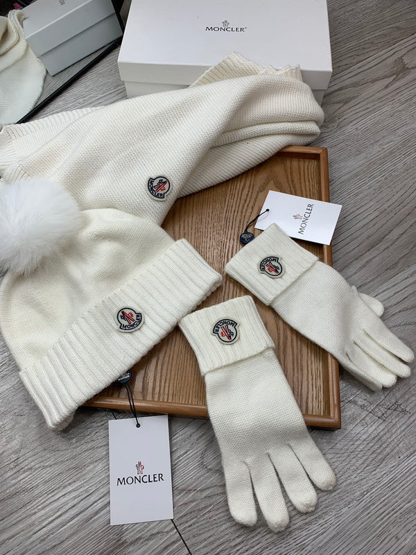 Moncler Hat Scarf Gloves Set White Knit Fur 475096