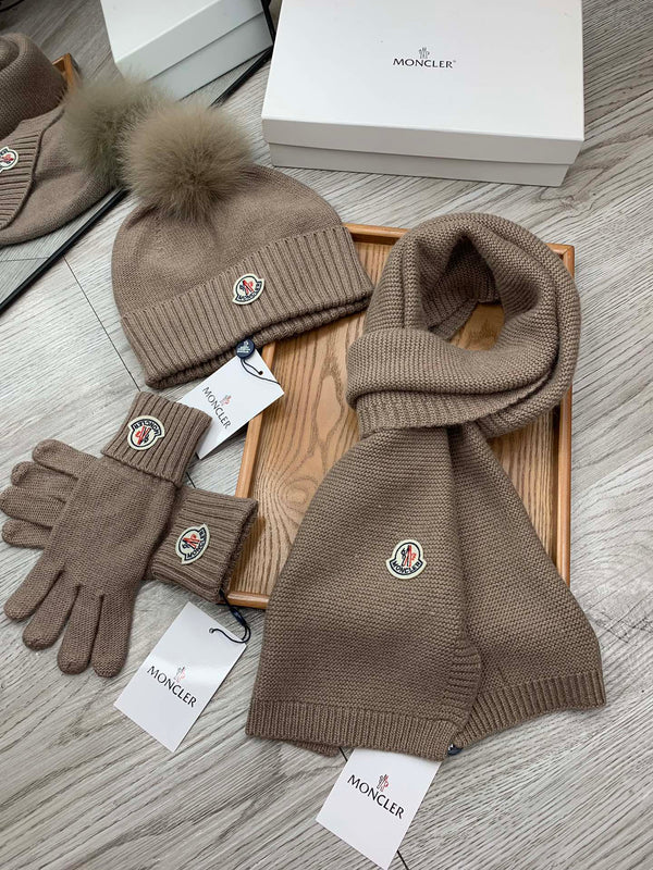 Moncler Hat Scarf Gloves Set Brown Knit Fur 475097