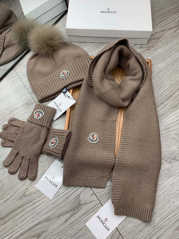 Moncler Hat Scarf Gloves Set Brown Knit Fur 475097