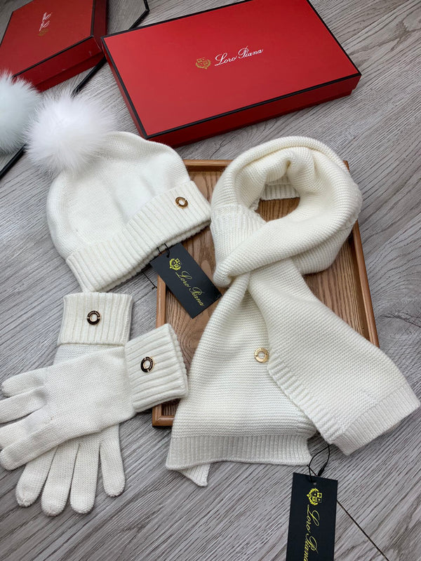LP Hat Scarf Gloves Set White Knit Fur 475087