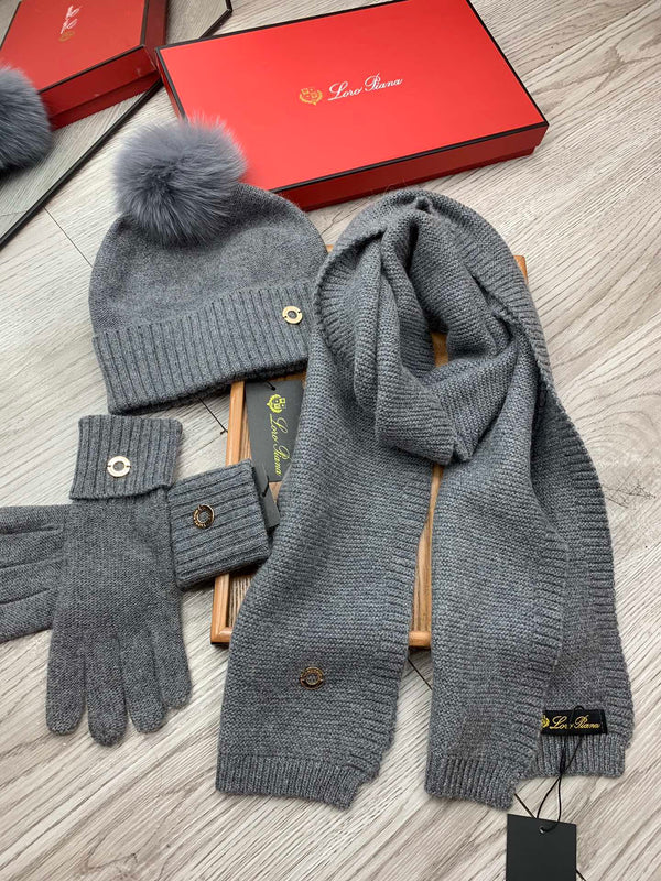 LP Hat Scarf Gloves Set Gray Knit Fur 475086