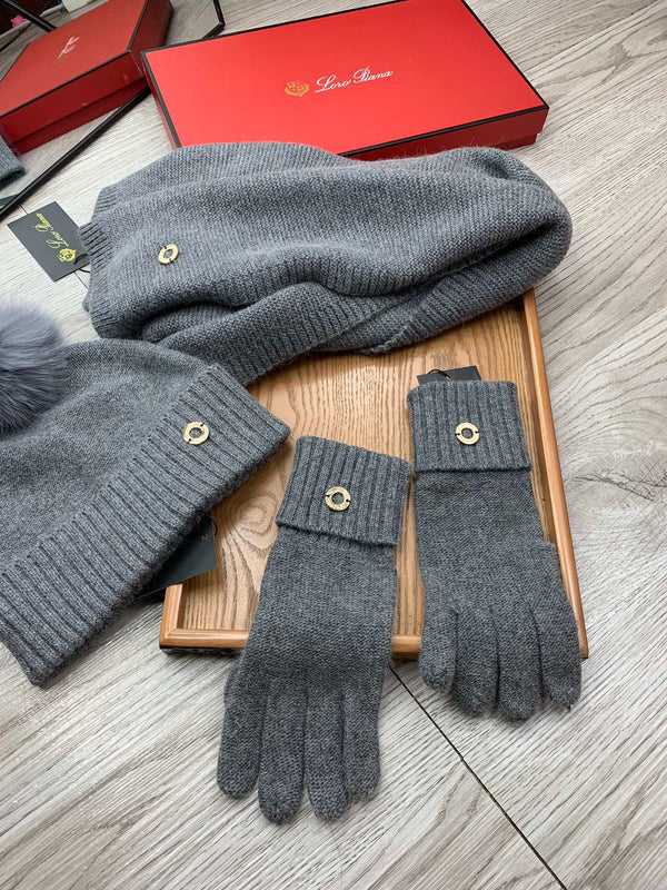 LP Hat Scarf Gloves Set Gray Knit Fur 475086
