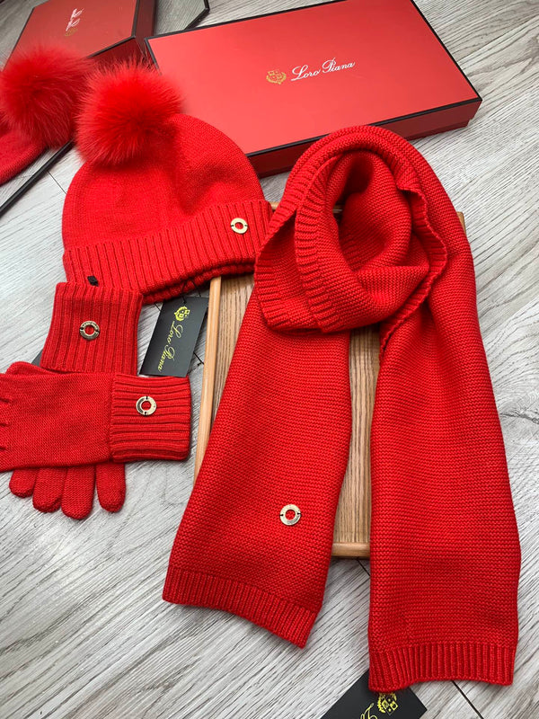 LP Hat Scarf Gloves Set Red Knit Fur 475085