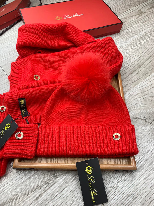 LP Hat Scarf Gloves Set Red Knit Fur 475085