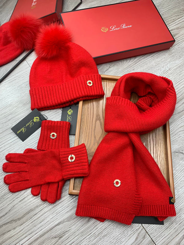 LP Hat Scarf Gloves Set Red Knit Fur 475085
