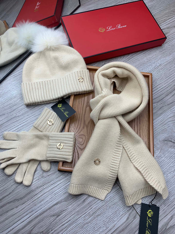 LP Hat Scarf Gloves Set Light Beige Knit Fur 475084