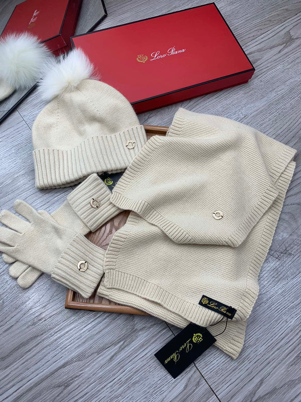 LP Hat Scarf Gloves Set Light Beige Knit Fur 475084