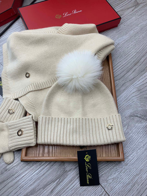 LP Hat Scarf Gloves Set Light Beige Knit Fur 475084