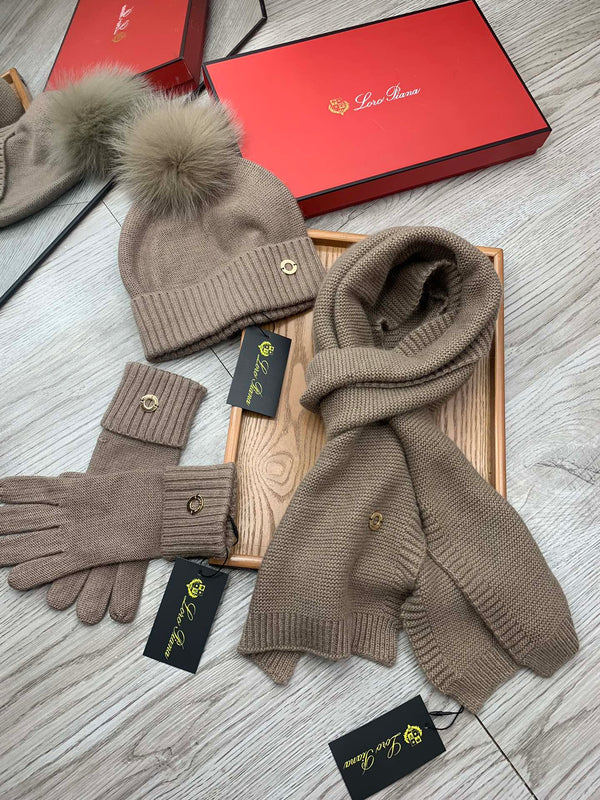 LP Hat Scarf Gloves Set Khaki Knit Fur 475083