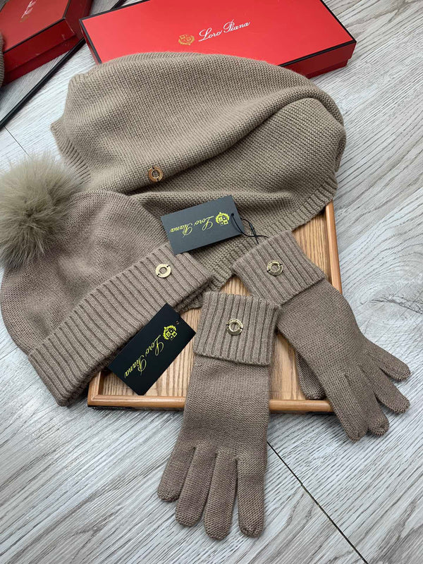LP Hat Scarf Gloves Set Khaki Knit Fur 475083
