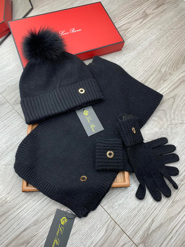 LP Hat Scarf Gloves Set Black Knit Fur 475082