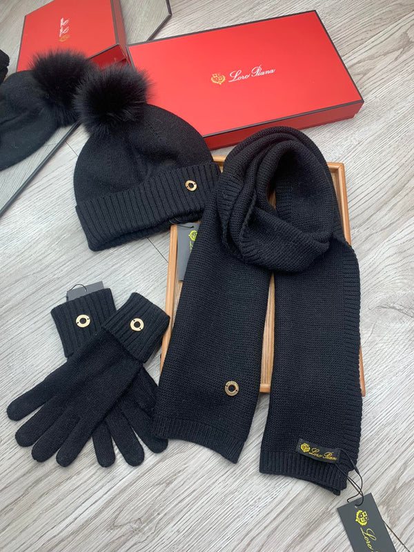 LP Hat Scarf Gloves Set Black Knit Fur 475082