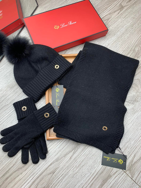 LP Hat Scarf Gloves Set Black Knit Fur 475082
