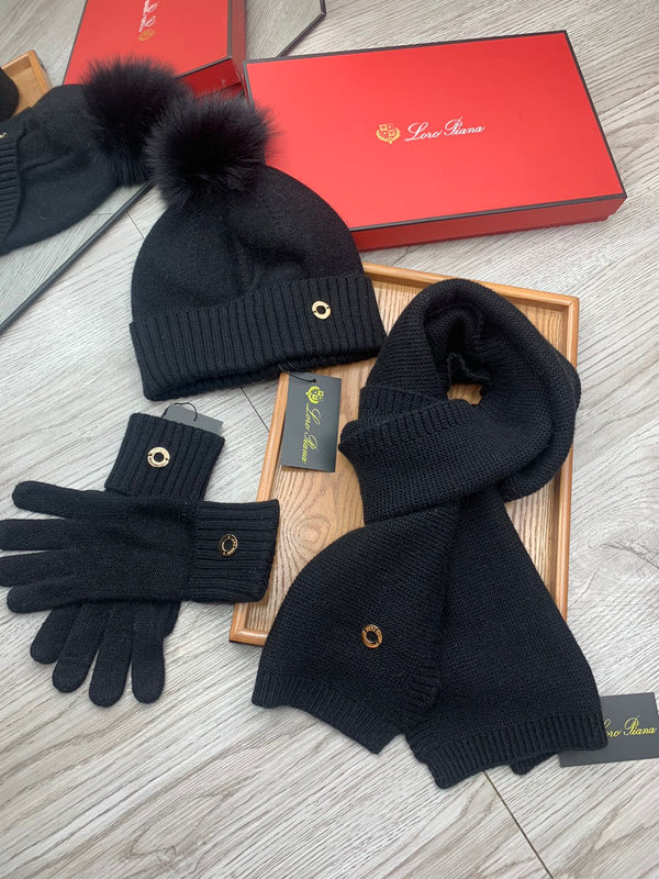 LP Hat Scarf Gloves Set Black Knit Fur 475082