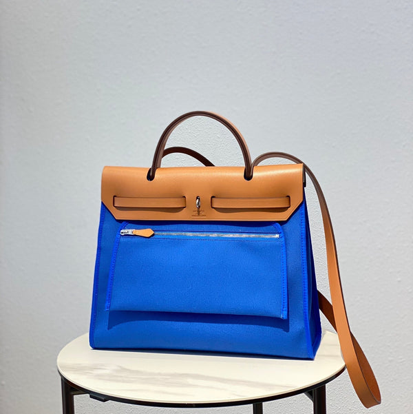 Herbag 31 Toile Blue Canvas Gold Cowhide Leather