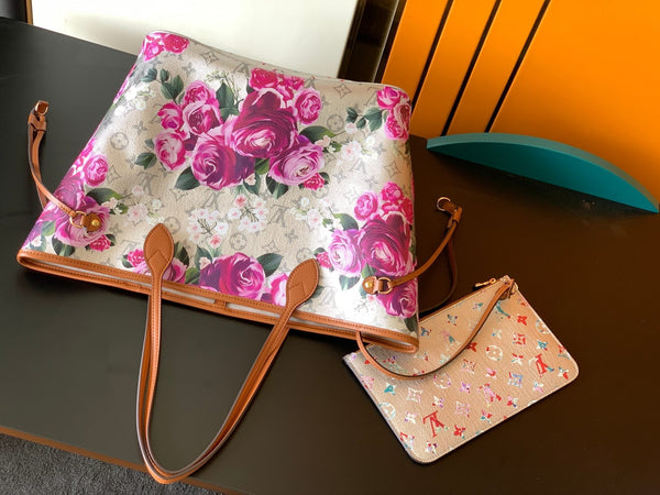 LV Neverfull MM Tote 31cm Sliver Pink Floral Pattern Leather GHW