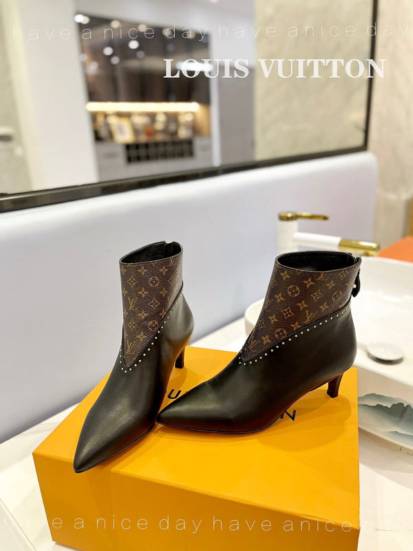 LV Cherie Ankle Boots 4.5cm Black Calfskin Monogram Canvas
